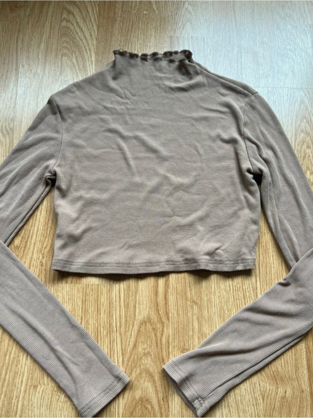 Source Unknown Ribbed Long Sleeve Crop Top in Taupe Brown
